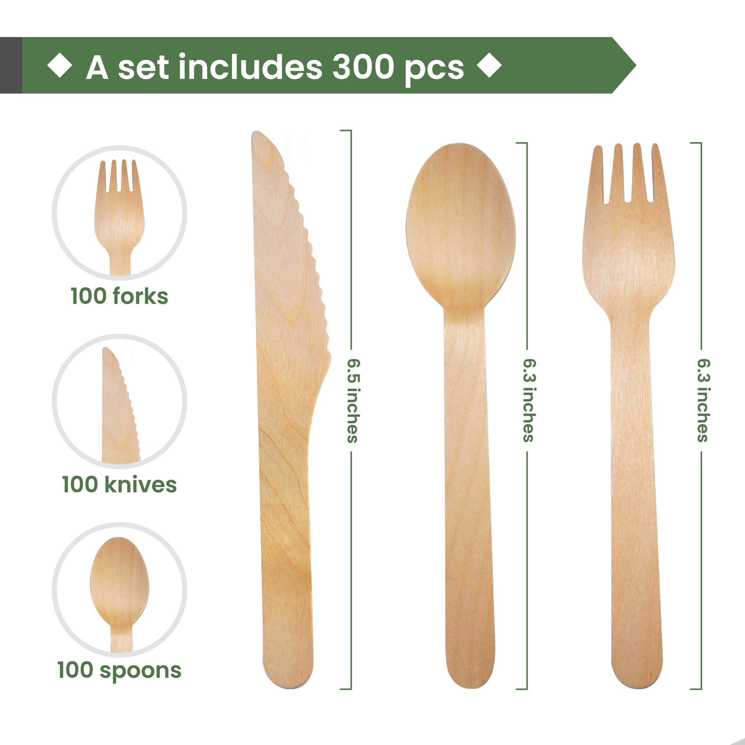 100 Knives 100 Forks Sealed 100 Spoons Birch Wood Eco Friendly Fully Compostable Hygiene Proof 300 Wooden Cutlery Set Biodegradable