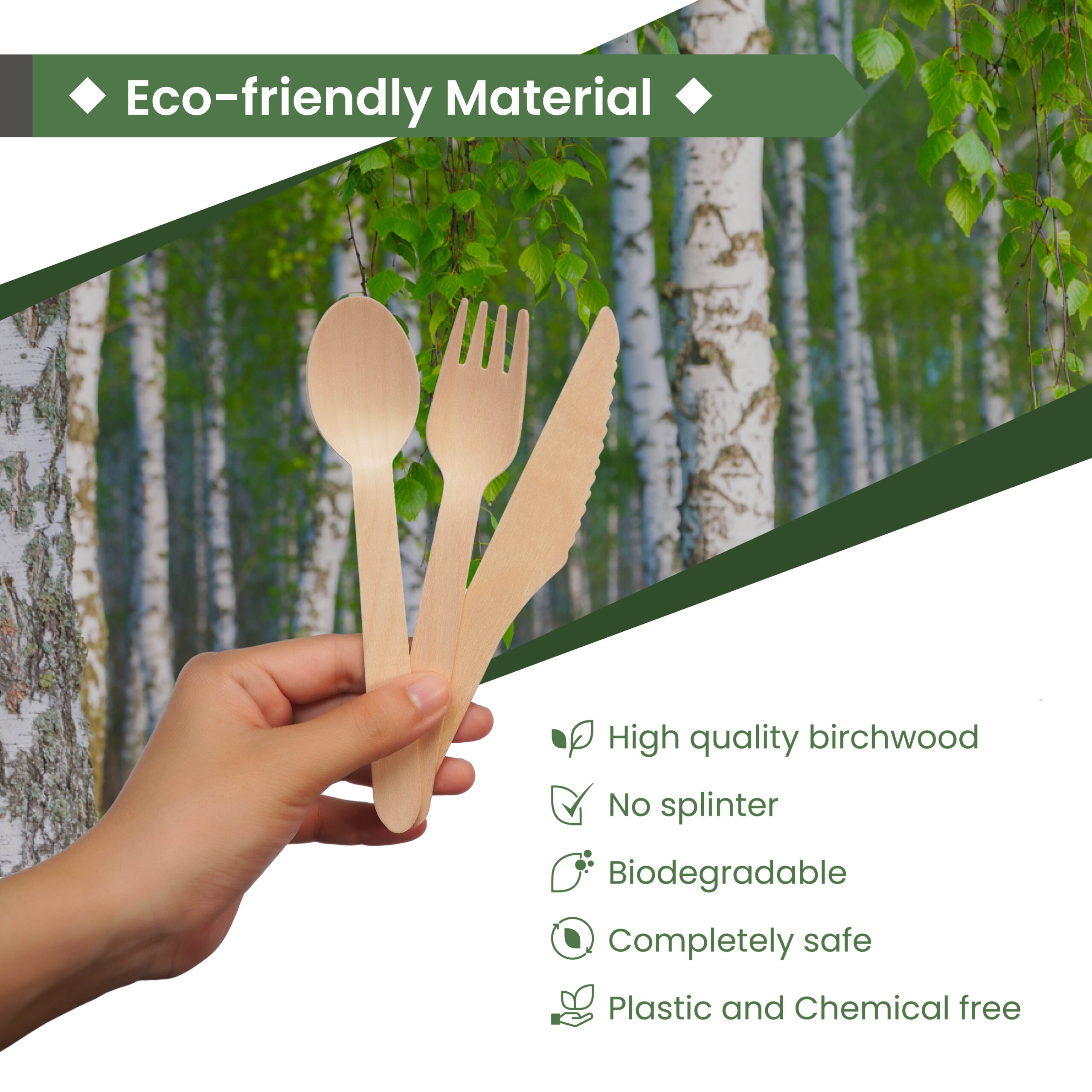 100 Knives 100 Forks Sealed 100 Spoons Birch Wood Eco Friendly Fully Compostable Hygiene Proof 300 Wooden Cutlery Set Biodegradable